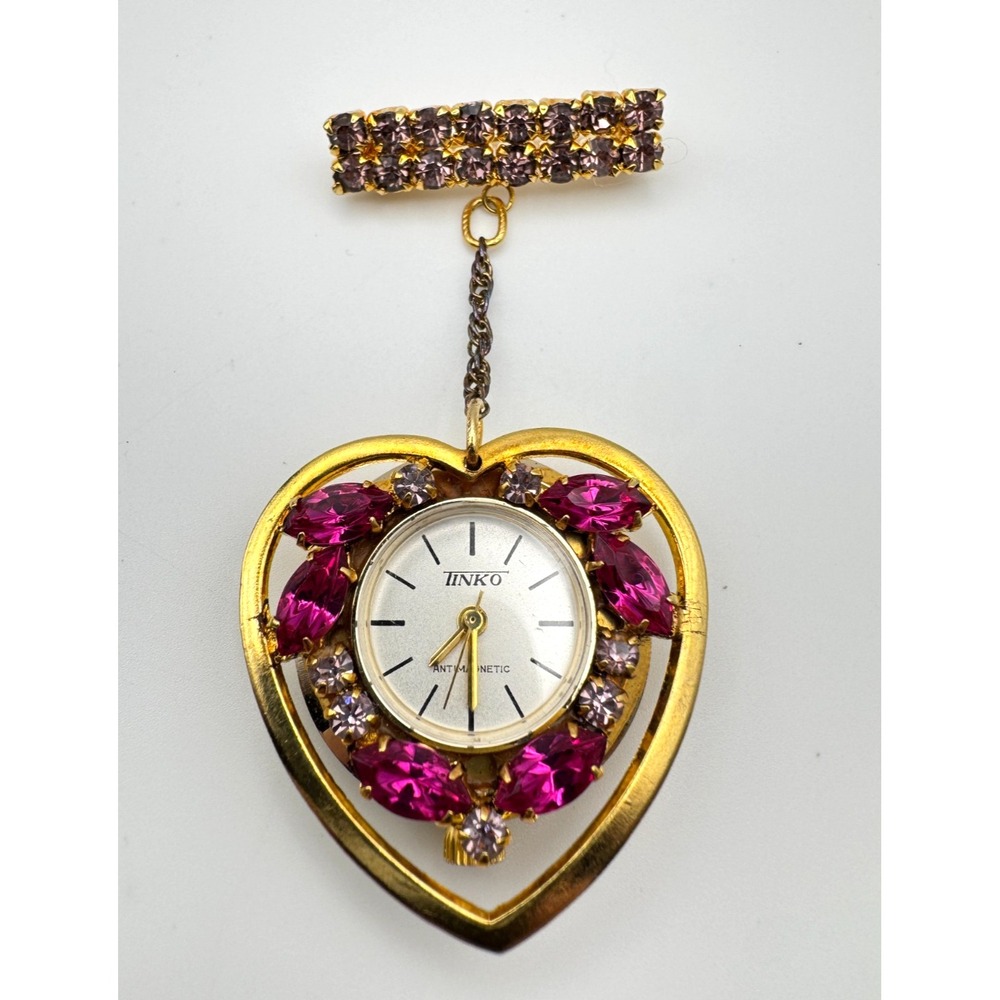 Vintage Watch Brooch Tinko Heart Pendant Pink Purple Rhinestones Working Wind
